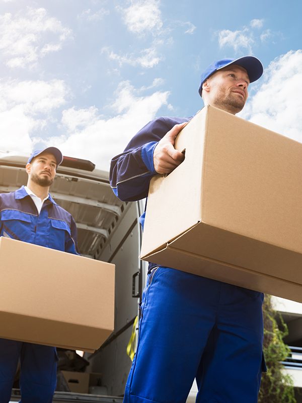 Close-up Of Two Delivery Men Carrying Cardboard Box Close-up Of Two Young Delivery Men Carrying Cardboard Box In Front Of Truck